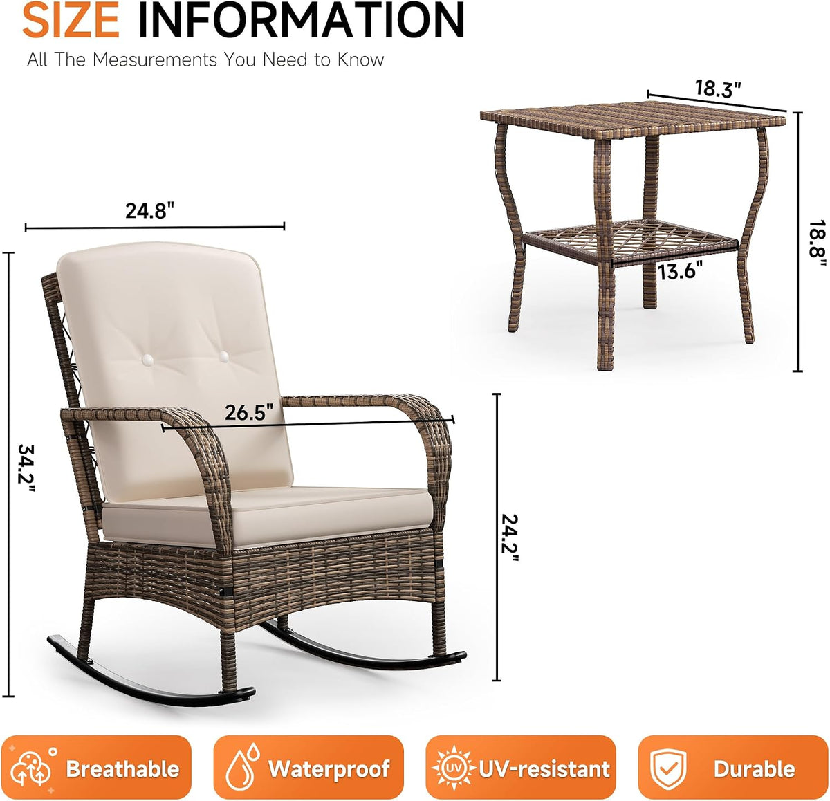 DECMICO 3 Pieces Rocking Bistro Set, Wicker Outdoor Rocking Chair with Washable Cushions, Rattan Rocking Chairs with Rattan Table, Outdoor Wicker Chair for Patio Backyard Porch Garden