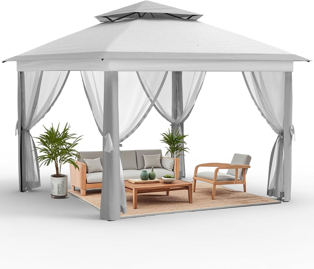 Garvee 11x11 ft Outdoor Gazebo, Heavy Duty Gazebo with Sturdy Metal Frame & Double Roofs, Patio Shelter with Mosquito Netting, Ideal for Backyard, Garden, Lawn, Deck, Light Grey