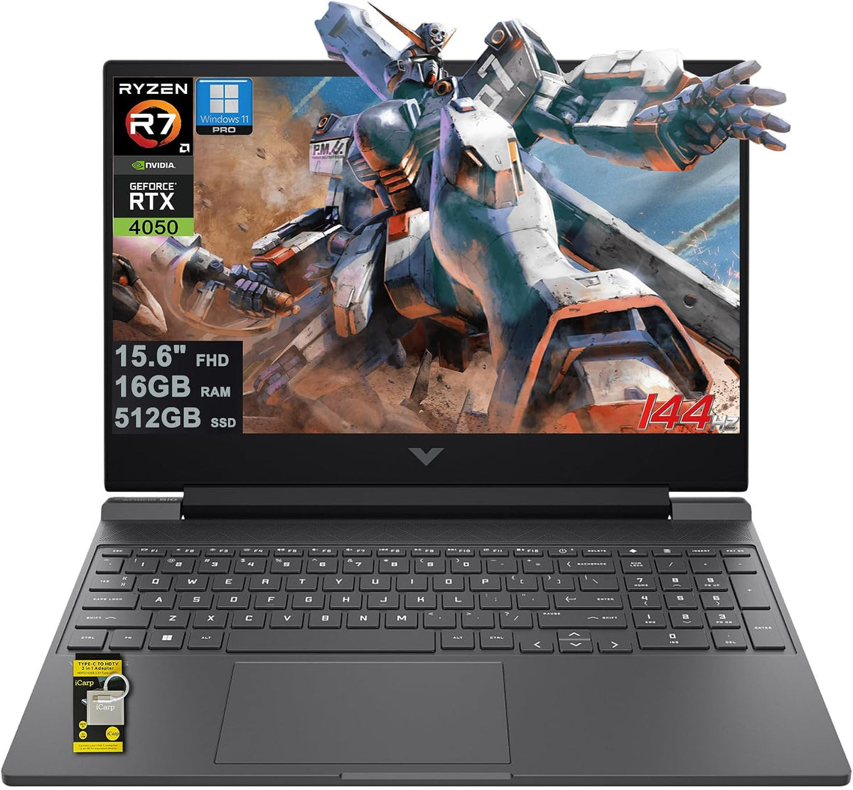 HP Victus 15 Gaming Laptop 15.6' FHD IPS 144Hz AMD 6-core Ryzen 7 7445HS 16GB RAM 512GB SSD GeForce RTX 4050 Backlit USB-C DTS:X Ultra Wi-Fi 6 Win11Pro ICP Hub