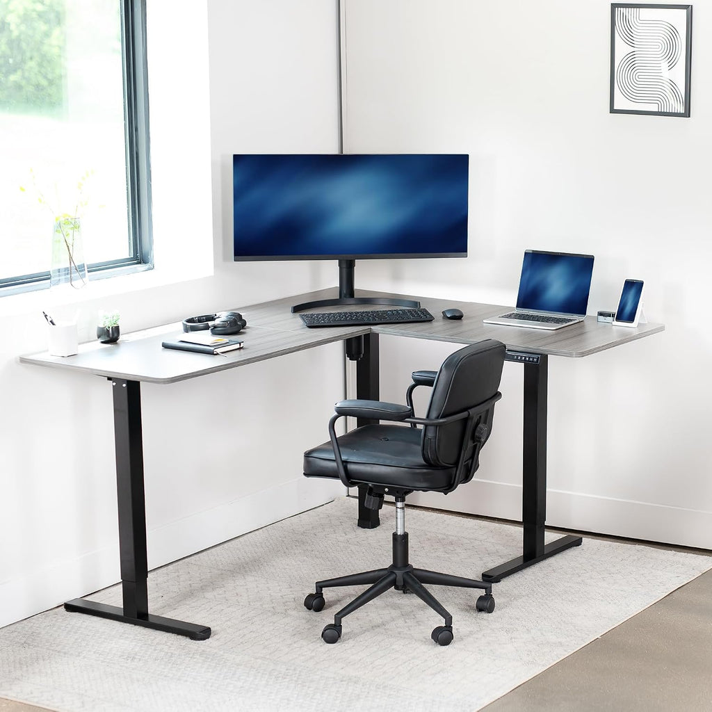 VIVO Corner Standing Desk, 63 x 55 inch Reversible L-Shaped Workstation, Electric Height Adjustment, Home, Office, and Reception Rooms, Dark Gray Table Top Black Frame, DESK-E3CTG