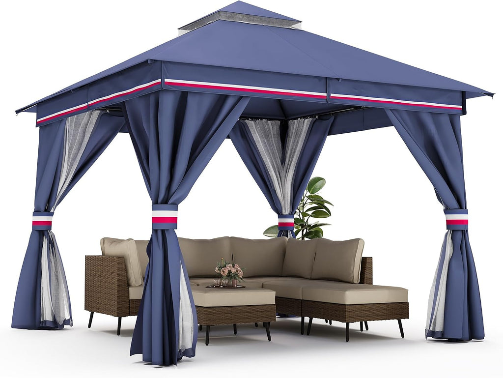 LAUSAINT HOME Patio Gazebo 10'x10', Outdoor Heavy Duty Party Tent Shelter with Double Roofs, Mosquito Nettings and Privacy Screens for Backyard, Garden, Lawn, Classic Blue