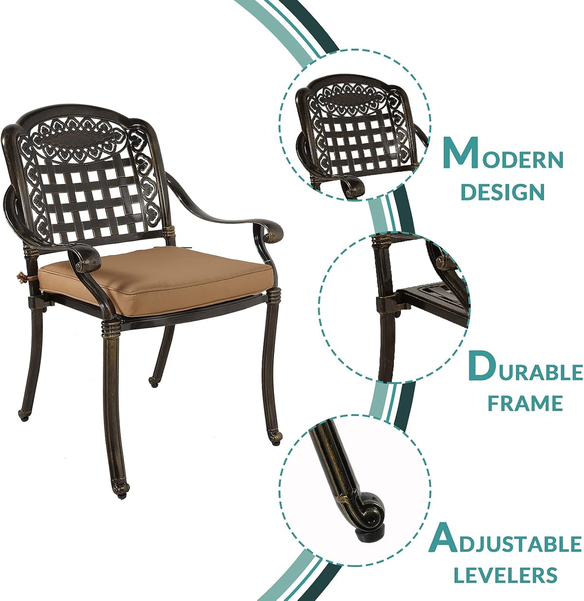 MEETWARM 2 Piece Patio Dining Chairs with Cushions, Outdoor All-Weather Cast Aluminum Chairs, Patio Bistro Dining Chair Set of 2 for Garden Deck Backyard, Dark Bronze
