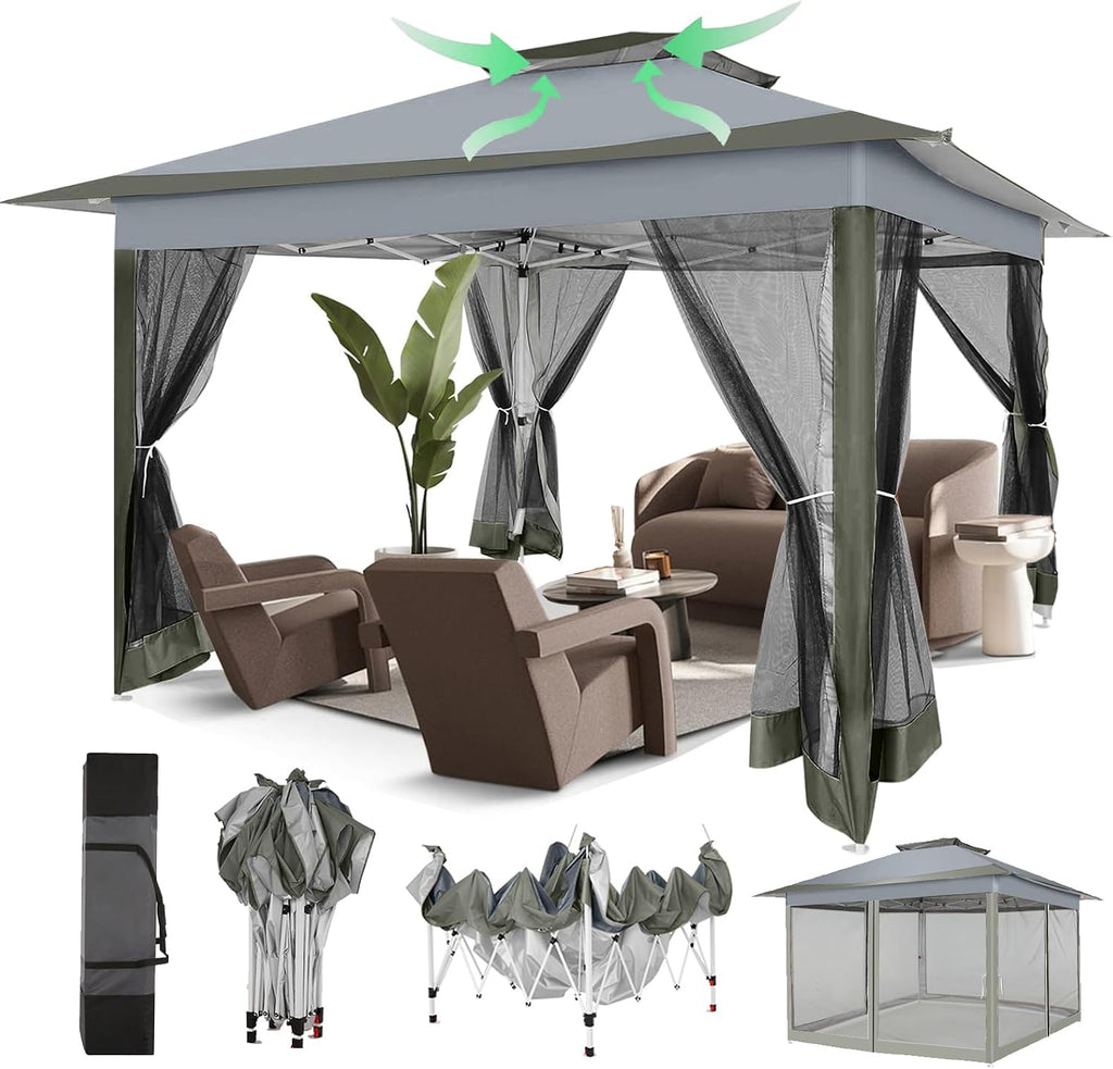 COBIZI 12x12 Pop Up Gazebos On Clearance - Upgrade Easy Up Metal Outdoor Gazebo Waterproof - Portable Gazebo with Mosquito Nettings, 4 Ropes 8 Stakes and Carry Bag for Patio Garden(Dark Gray)