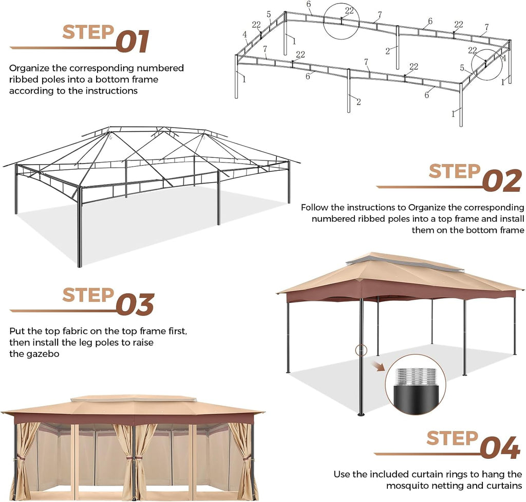 COBIZI 12x20 Outdoor Patio Gazebo, Double Roof Soft Top Canopy with Privacy Curtains and Mosquito Netting, Heavy Duty Steel Frame Shade Shelter for Backyard, Garden, Deck, Poolside - Khaki