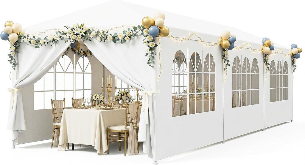 10' x 30' Outdoor Waterproof Gazebo Canopy Tent with Removable Sidewalls and Windows Heavy Duty Tent for Party Wedding Events Beach BBQ, White