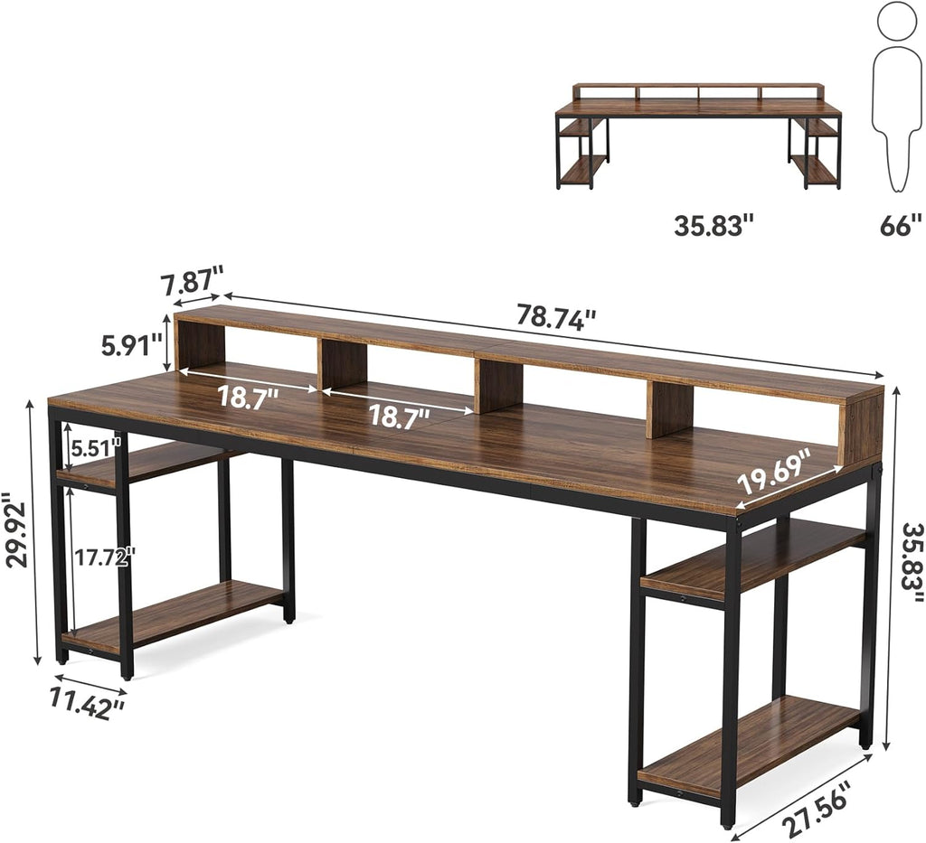 LITTLE TREE 78-Inch Double Desk with Storage Shelves, 2-Person Gaming Desk for Home Office, Long Desk with Monitor Stand (Rustic Brown)