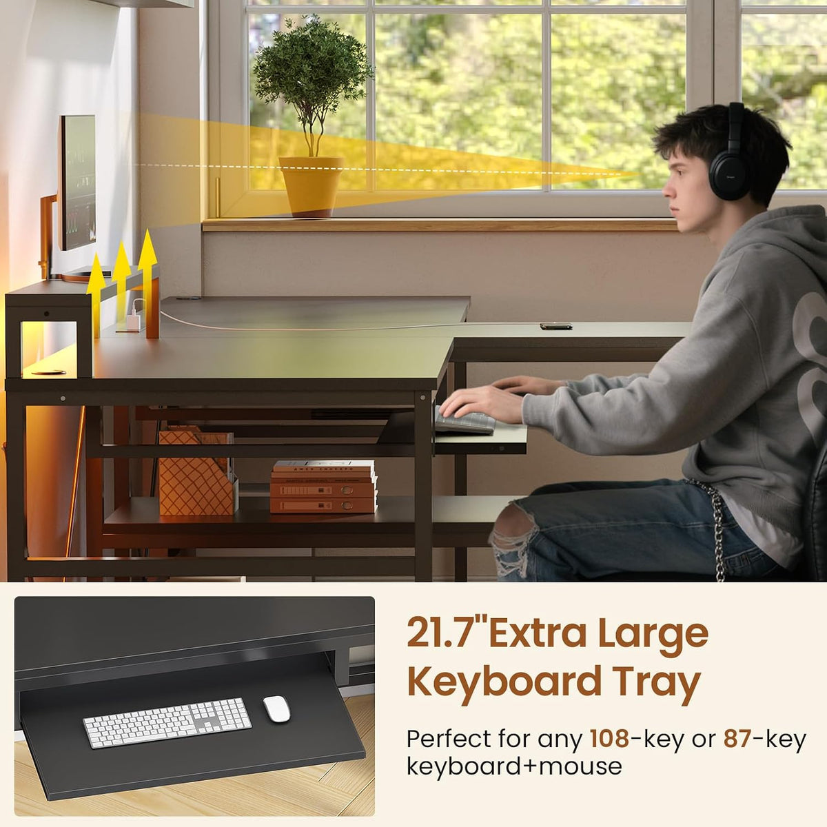 SEDETA 94.5' Office Computer Desk, 2 Person Gaming Desk with Storage, LED Lights, Keyboard Tray, Power Strip with USB & Monitor Stand, Long Two Person Desk for Home Office, Black