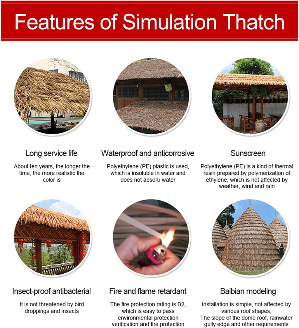 Simulation Thatch Roll Roofing Straw Tiles Artificial Palm Thatch Runner Fireproof and Anti-Aging for Outdoor Roof Pavilion Garden Tiki Bar Wooden House Decoration, 1-10m(Size:5m/16.4ft)