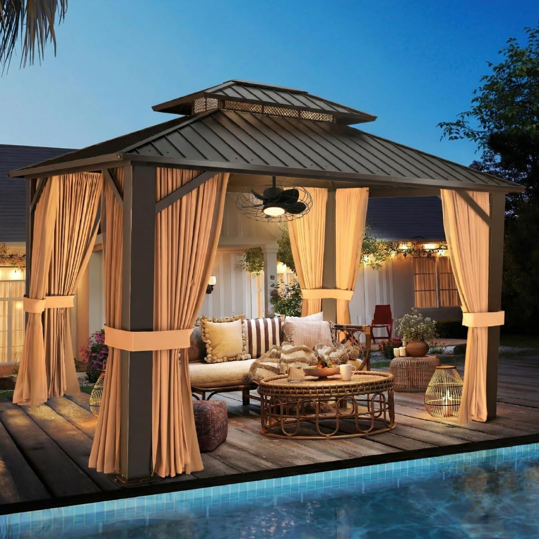 10'x12' Hardtop Gazebo with Fan, Galvanized Steel Double Roof Canopy with Aluminum Frame, Outdoor Pavilion with Nettings and Curtains