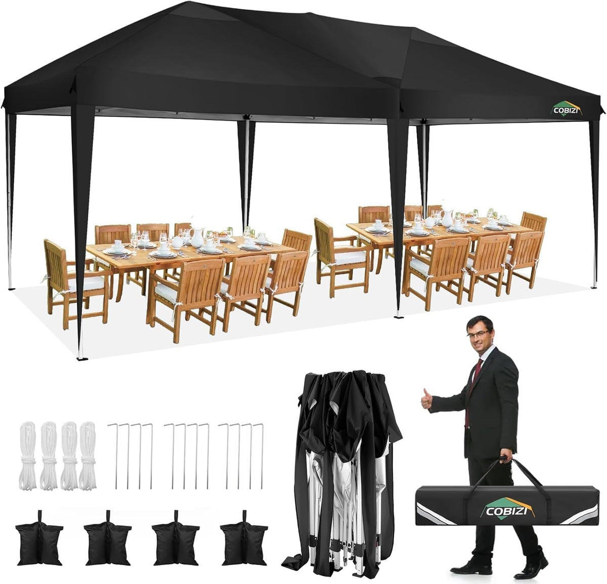 COBIZI 10x20 Pop up Canopy Tent Without Sidewall, Waterproof Portable Outdoor Canopy 10x20 Instant Shelter Tent for Parties, Wedding, Backyard, Carport with Carry Bag & 4 Sandbags(Black)