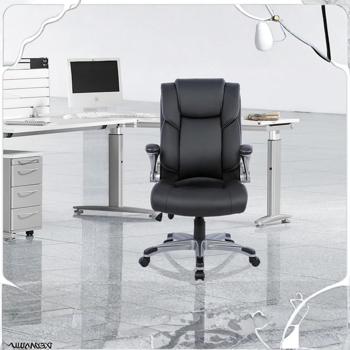 COLAMY Leather Executive Office Chair- High Back Home Computer Desk Chair with Padded Flip-up Arms, Adjustable Tilt Lock, Swivel Rolling Ergonomic Chair for Adult Working Study-Black, Set of 2