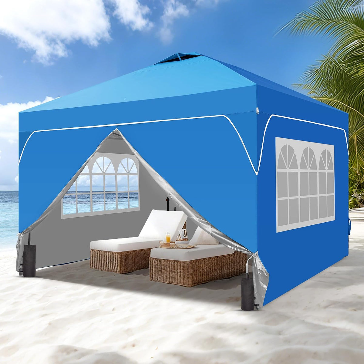 GDY 12x12 Patio Pop Up Canopy Tent with 4 Sidewalls, Easy Set up with One Push Lift Outdoor Silver Coated Beach Gazebos, Carpas with 4 Sandbags, for Parks, Parties,Camping, Blue.