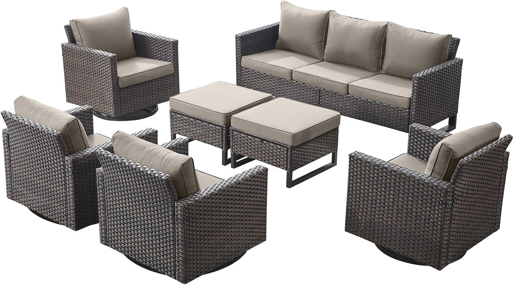 Rilyson Luxury Wicker Outdoor Patio Furniture Set - 7 Piece Patio Conversation Set with 4 Swivel Rocker Chairs,2 Rattan Ottoman and 1 Couch for Outside Porch Deck Backyard(Brown/Grey)