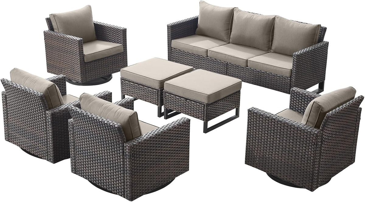 Rilyson Luxury Wicker Outdoor Patio Furniture Set - 7 Piece Patio Conversation Set with 4 Swivel Rocker Chairs,2 Rattan Ottoman and 1 Couch for Outside Porch Deck Backyard(Brown/Grey)