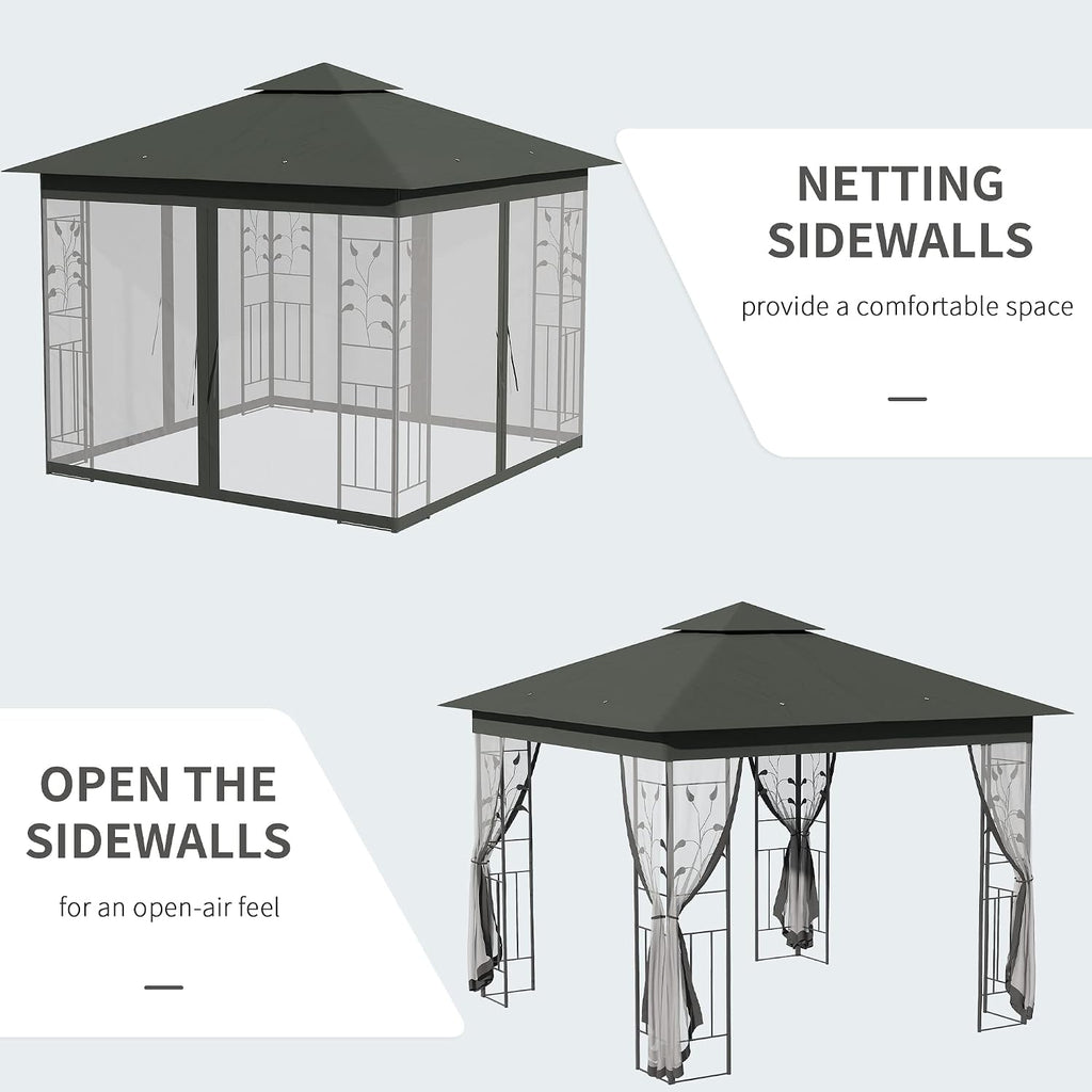 Outsunny 10' x 10' Metal Patio Gazebo, Double Roof Outdoor Gazebo Canopy Shelter with Tree Motifs Corner Frame and Netting, for Garden, Lawn, Backyard, and Deck, Gray