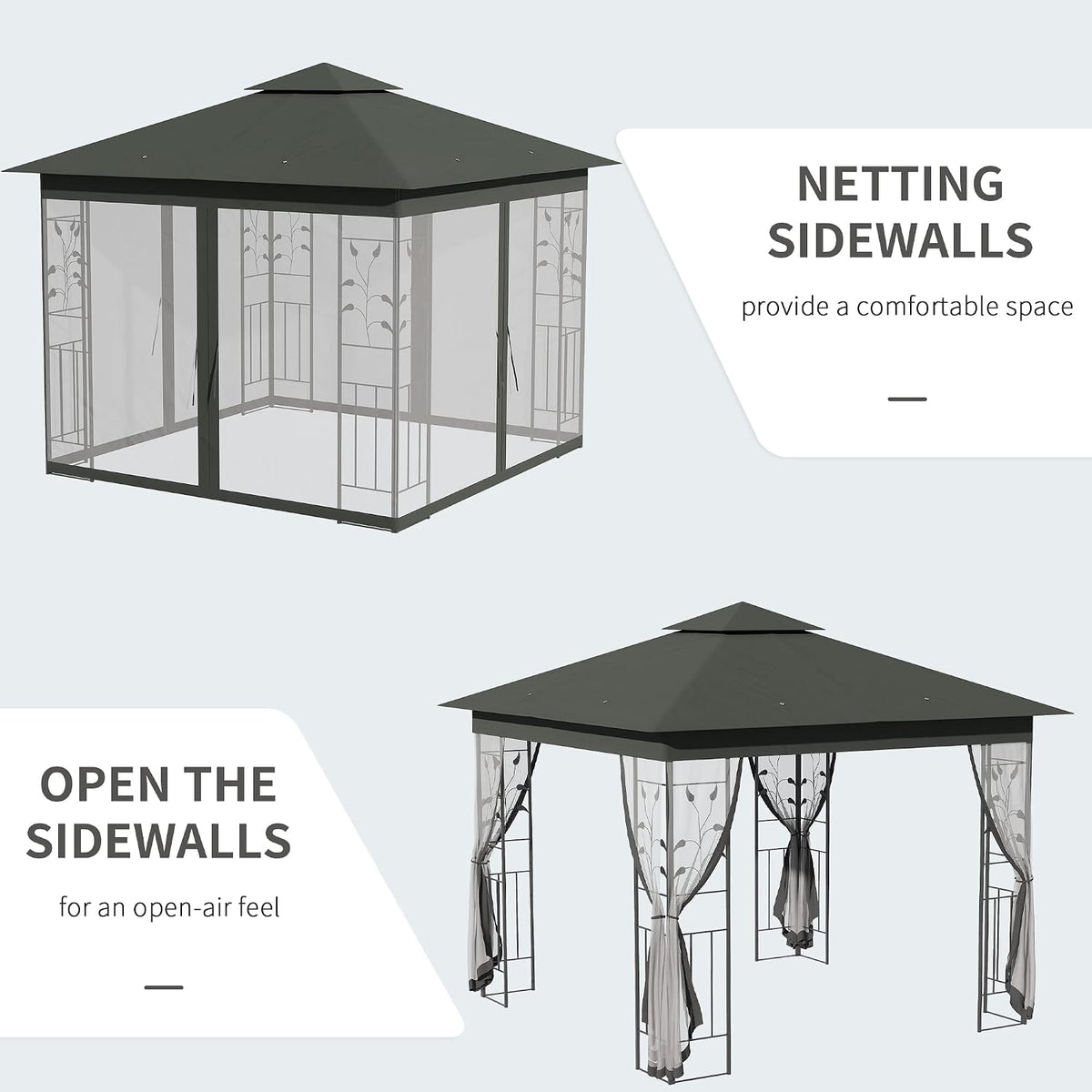 Outsunny 10' x 10' Metal Patio Gazebo, Double Roof Outdoor Gazebo Canopy Shelter with Tree Motifs Corner Frame and Netting, for Garden, Lawn, Backyard, and Deck, Gray