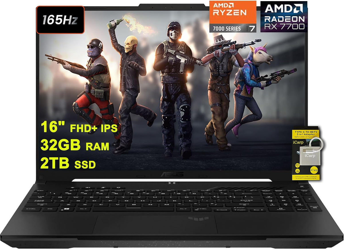 ASUS TUF Gaming A16 Laptop 16' FHD+ 165Hz 7ms 100% sRGB AMD Octa-core Ryzen 7 7735HS 32GB RAM 2TB SSD Radeon RX 7700S 8GB (>RTX4060) Backlit Type-C USB4 Fast Charging Win11 ICP Accessory