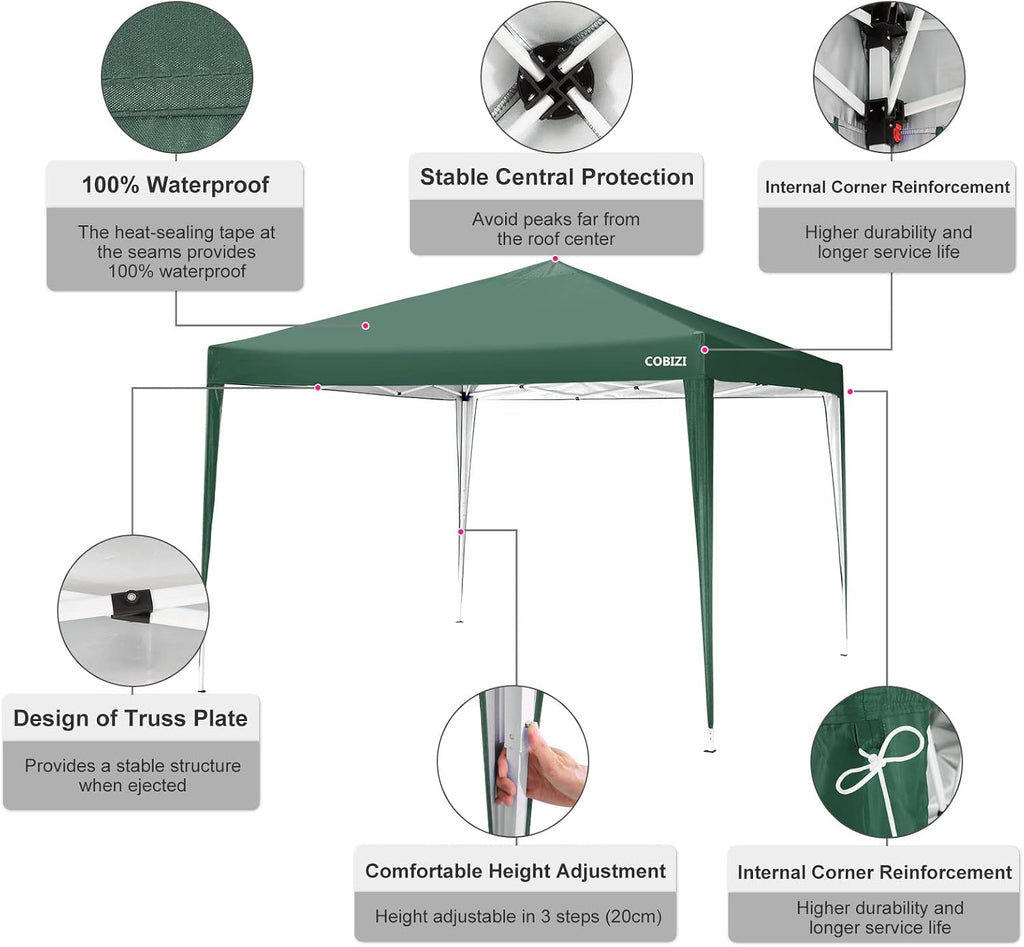 COBIZI 10x10 Pop Up Canopy Tent with 4 Sandbags, Easy Set Up Gazebo, Instant Outdoor Sun Shade &Waterproof Canopy with 8 Stakes,4 Ropes&Carry Bag, Tents for Parties, Beach, Backyard,Camping(Green