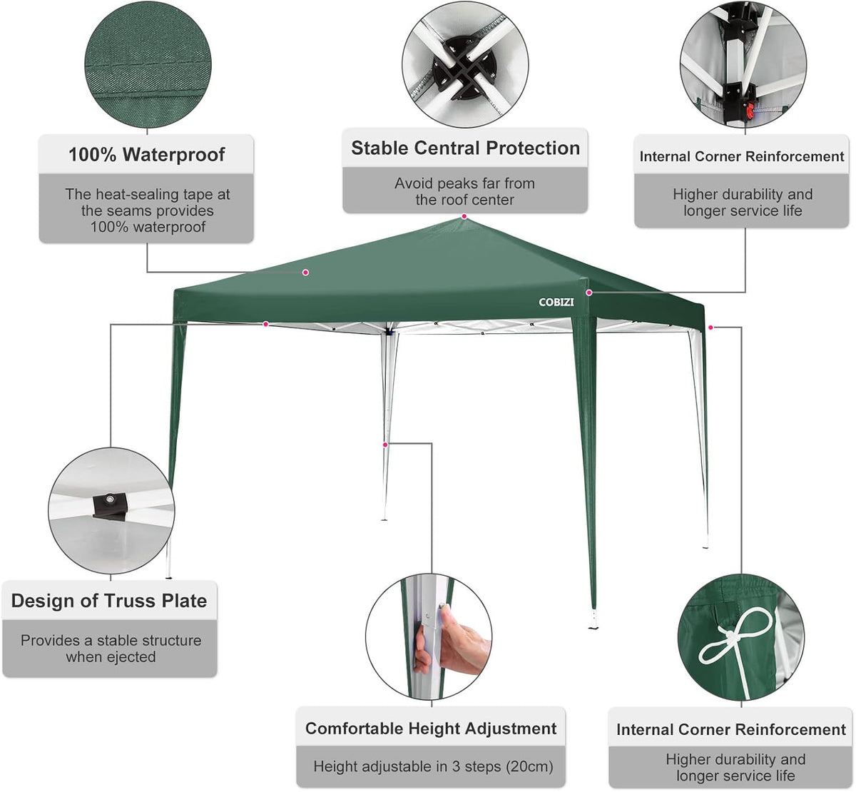 COBIZI 10x10 Pop Up Canopy Tent with 4 Sandbags, Easy Set Up Gazebo, Instant Outdoor Sun Shade &Waterproof Canopy with 8 Stakes,4 Ropes&Carry Bag, Tents for Parties, Beach, Backyard,Camping(Green