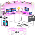 Aheaplus L Shaped Desk with Power Outlet, L Shaped Gaming Desk with Led Light & Hutch, Reversible Home Office Desk, Corner Computer Desk with Monitor Stand & Storage Shelves, Pink