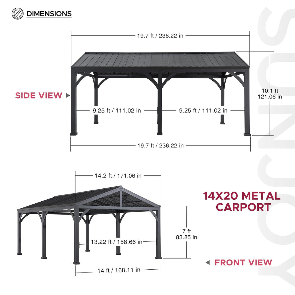 AutoCove 20 ft. x 14 ft. Heavy Duty Carport Garage Car Shelter, Outdoor Gazebo with Brown Polycarbonate Gable Roof and 2 Ceiling Hooks,Black