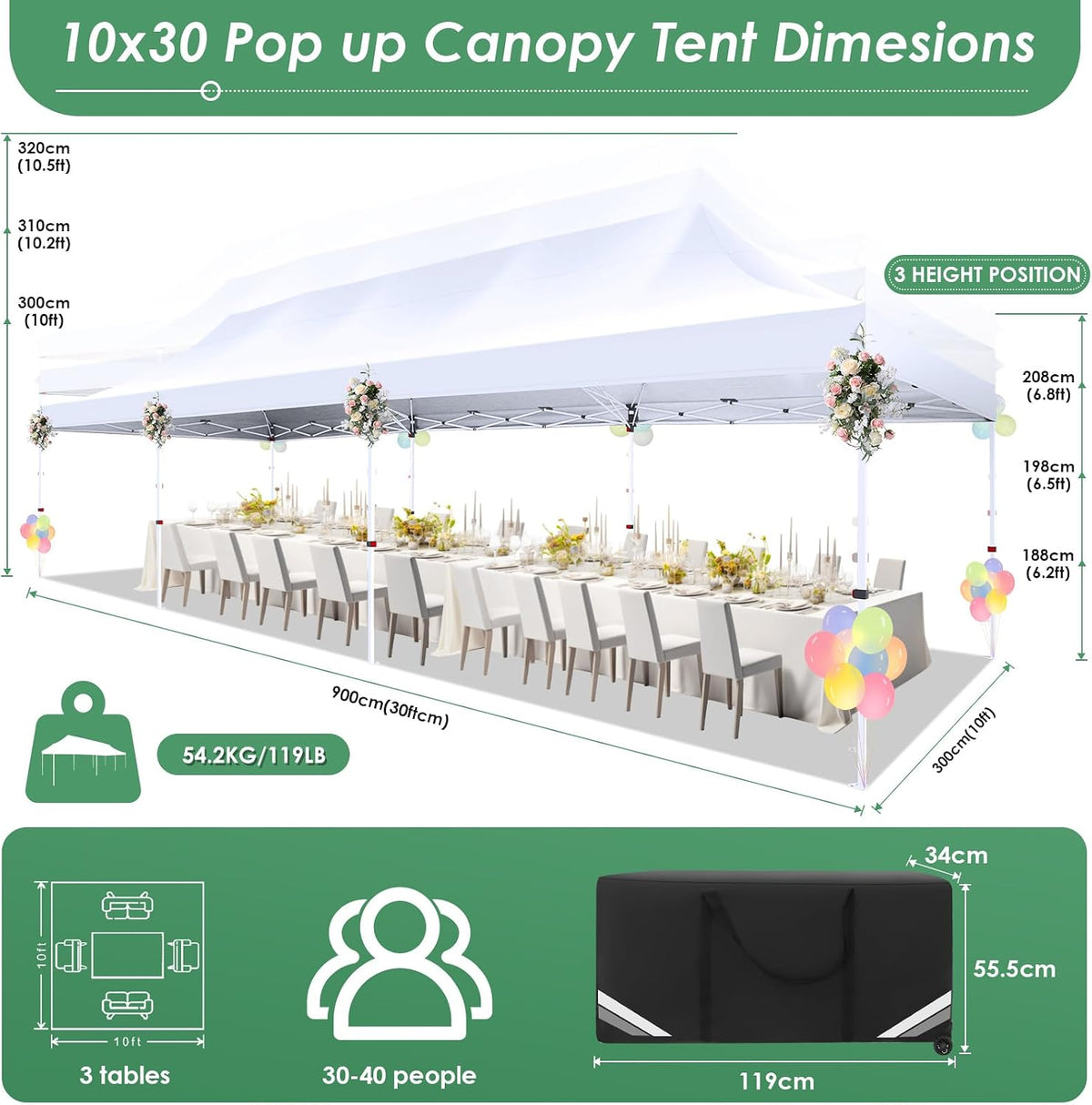 COBIZI Canopy Tent 10x30 Pop Up Canopy with 8 Removable Sidewalls Party Tents for Parties Wedding Patio Commercial Waterproof and UV50+ Ez Outdoor Instant Gazebo with Roller Bag & 4 Sandbags（White）