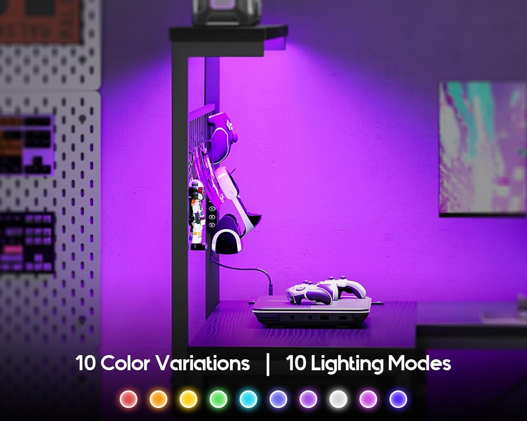 MOTPK 51' Large L Shaped Gaming Desk, Corner Computer Table with Shelf & Hutch, 4 Drawers, Reversible Study Desk with LED Light, Power Outlets & USB Ports, Home Office Table, Black