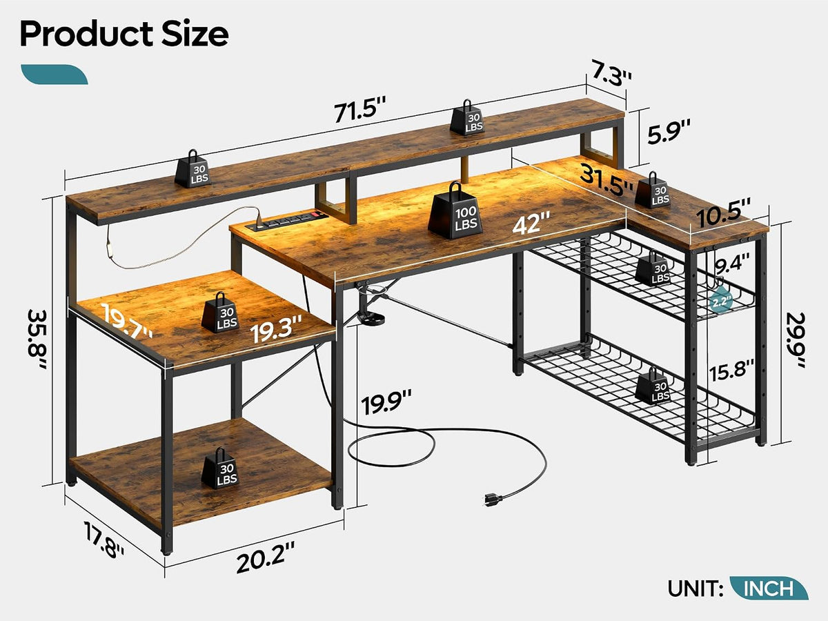 Bestier 71.5 inch Computer Desk with Power Outlets, LED Large Home Office Desk with Monitor Stand, L Shaped Corner Desk with Printer Stand Adjustable Shelf, Cup Holder & Headset Hooks, Brown