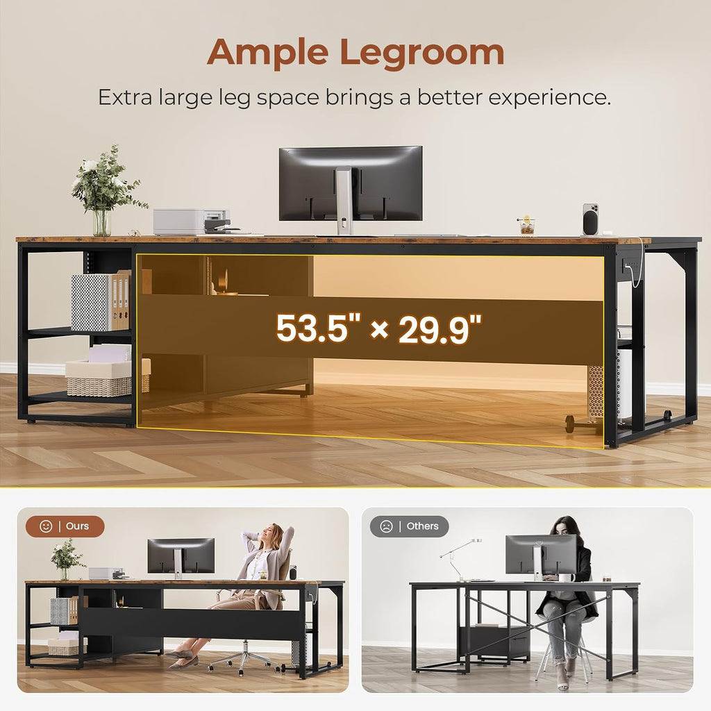 UPOSOJA 71' Executive Desk, Large Office Desk with Widen File Drawers & Power Outlets, Reversible L Shaped Computer Desk Corner Desk with Storage Shelves, CPU Stand, Hooks, Business Furniture