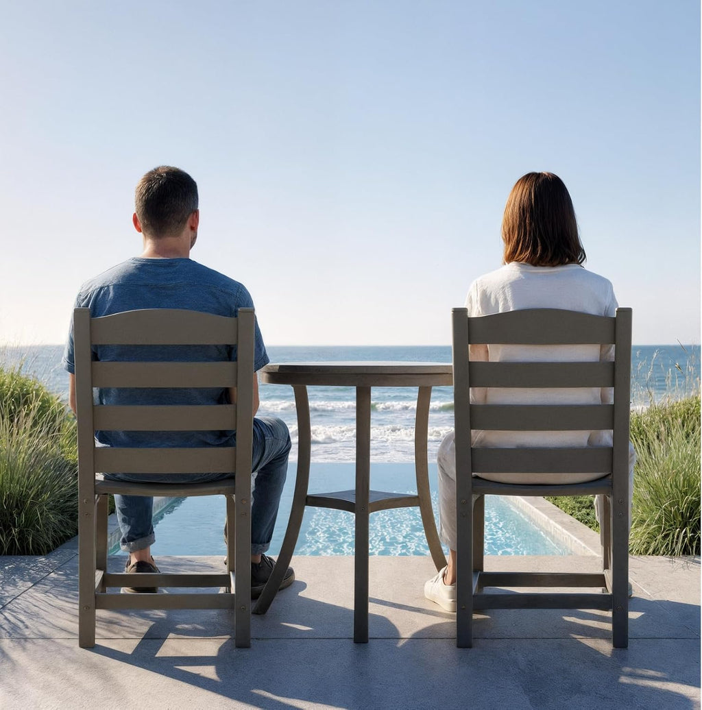 3 Piece Outdoor Patio Bistro Set with Umbrella Hole, HDPE Round Coffee Table and Porch Chairs Set of 2, Outdoor Patio Furniture Set with Bistro Table and Chairs for Balcony Garden Deck, Charcoal Gray