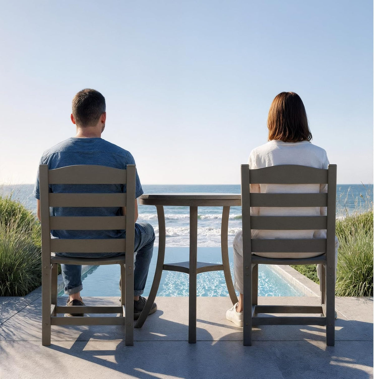 3 Piece Outdoor Patio Bistro Set with Umbrella Hole, HDPE Round Coffee Table and Porch Chairs Set of 2, Outdoor Patio Furniture Set with Bistro Table and Chairs for Balcony Garden Deck, Charcoal Gray