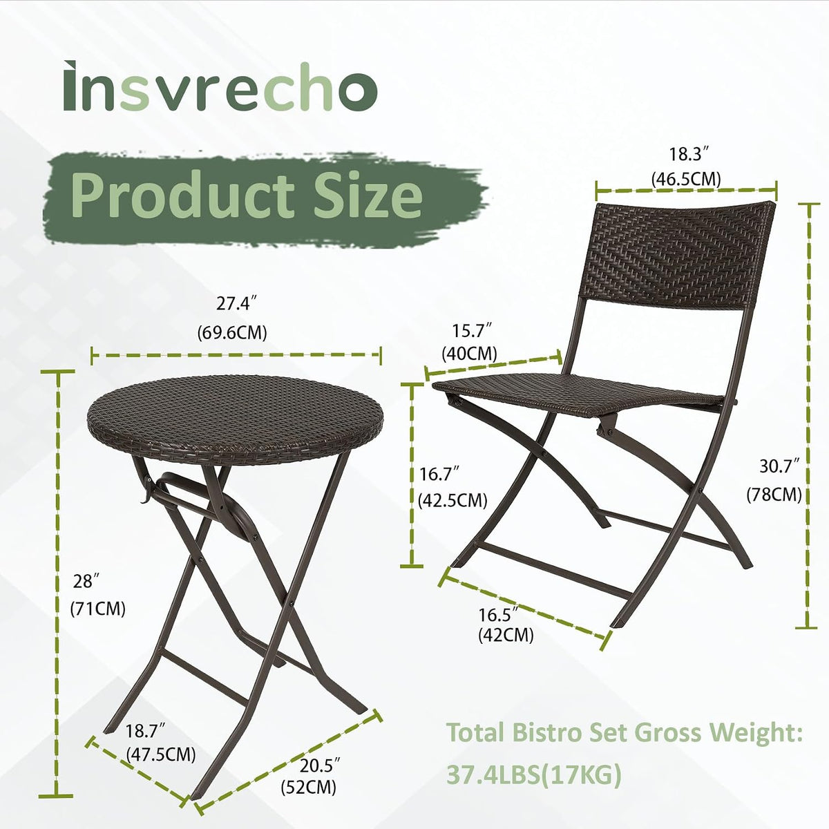 3 Pieces Folding Bistro Set PE Wicker Rattan Outdoor Patio Furniture Sets with Foldable Round Table and Chairs Perfect for Cafe Bar Garden Backyard Balcony Porch