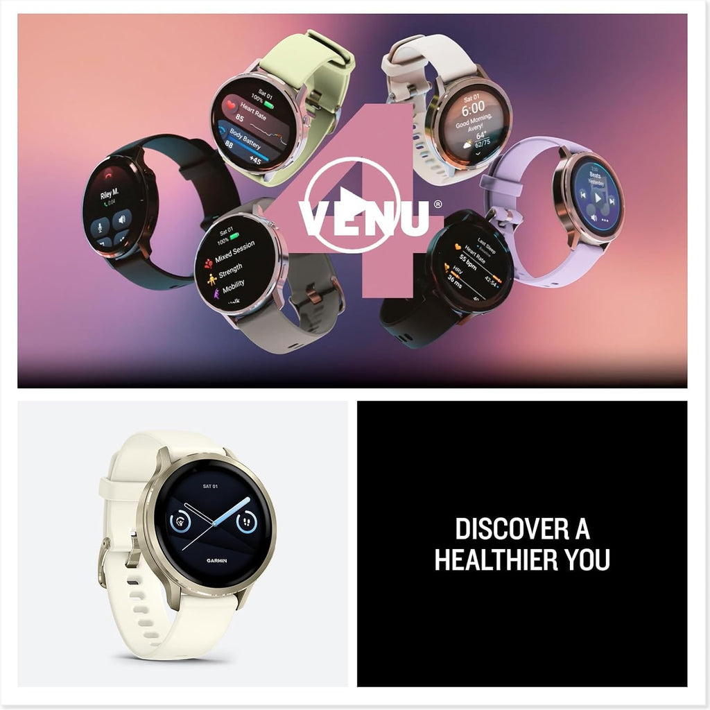 Garmin Venu 4 (41mm) GPS Smartwatch Lunar Gold with Bone Band Bundle w/Deco Essentials Charging Dock, 3-Pack Dust Covers & 2-Pack 1.2' Screen Protectors