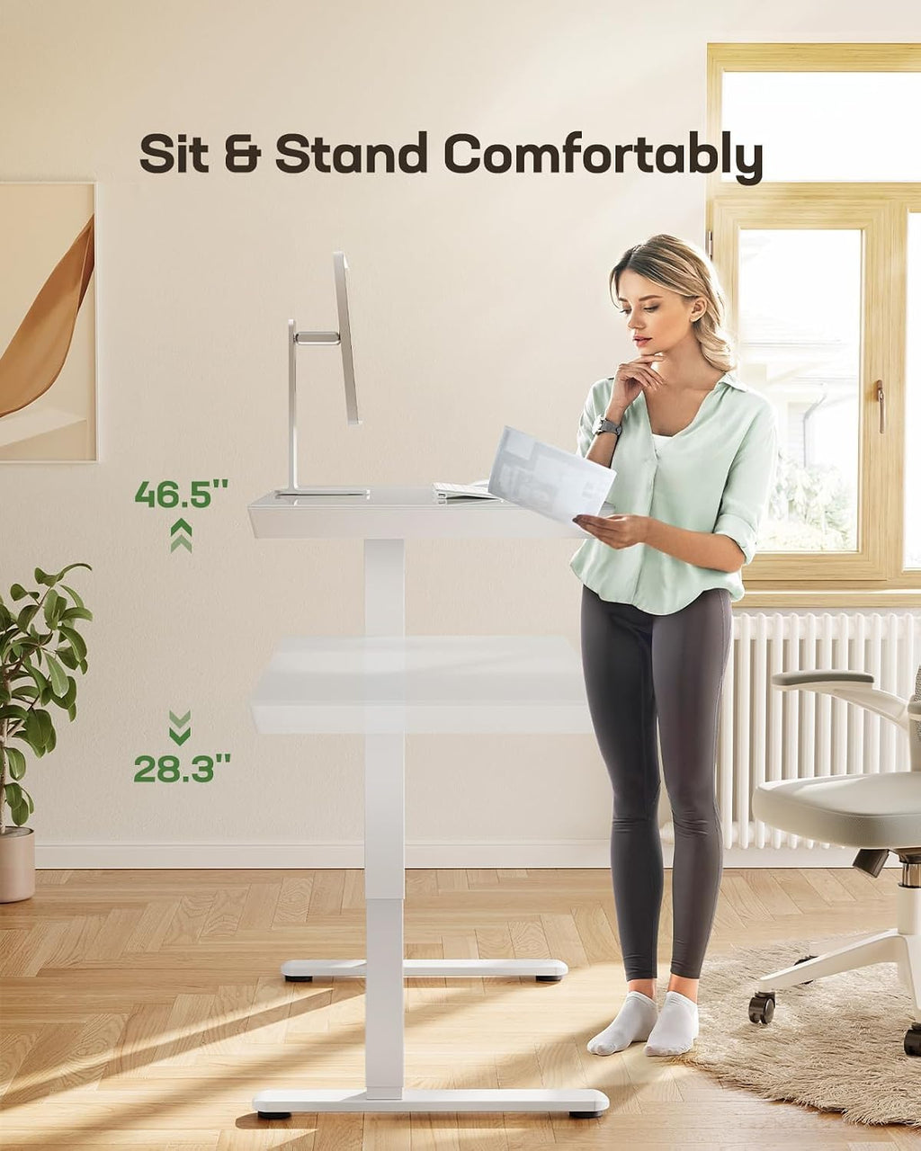 Marsail Glass Standing Desk with Drawer, 48 x 24 inch Electric Standing Desk, Height Adjustable Desk with One-Piece Tabletop & USB Charging Ports, Sit Stand Desk with Storage for Home & Office White