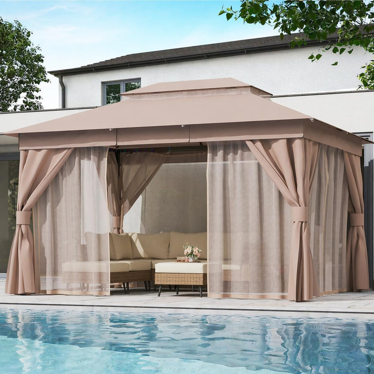 LAUSAINT HOME 10'x13' Outdoor Gazebo, Upgraded Metal Frame Heavy Duty Patio Canopy Tent Shelter with Double Roofs, Mosquito Nettings and Privacy Screens for Backyard, Garden, Lawn, Khaki