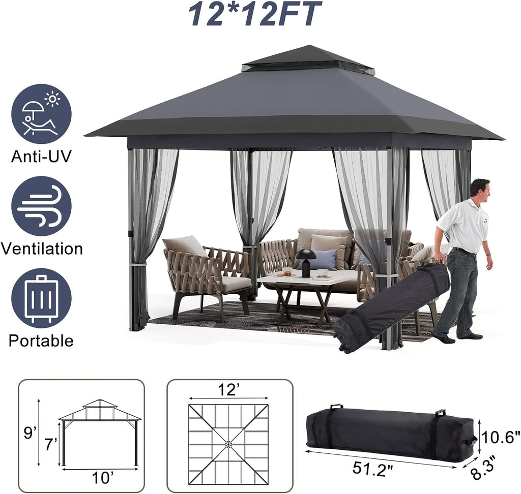 GarveeLife 12 ft x12 ft Softtop Gazebo, Outdoor Pop Up Gazebo with Mosquito Netting, Party Tent & Shelter with Double Roofs for Gardens, Patios, Lawns