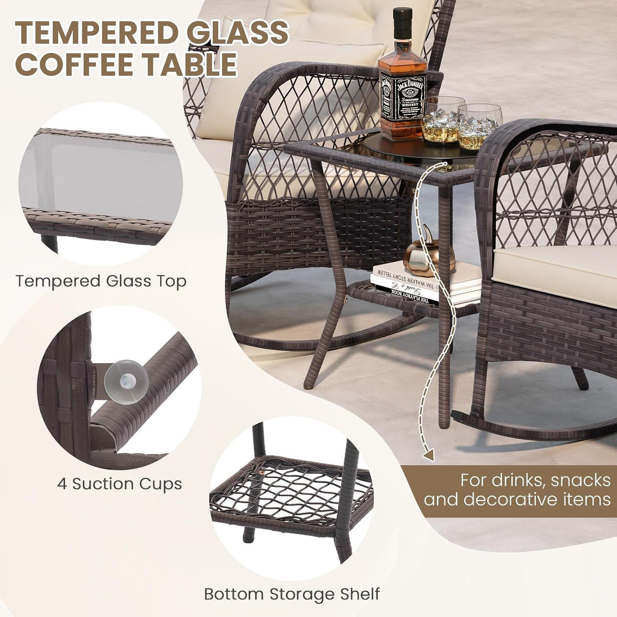 ORALNER 3 Pieces Patio Furniture Wicker Rocker Set, Outdoor Rocking Chairs with Cushions, Pillows, Glass Coffee Table, Rattan Bistro Set for Balcony Front Porch Poolside Garden Deck (Beige)
