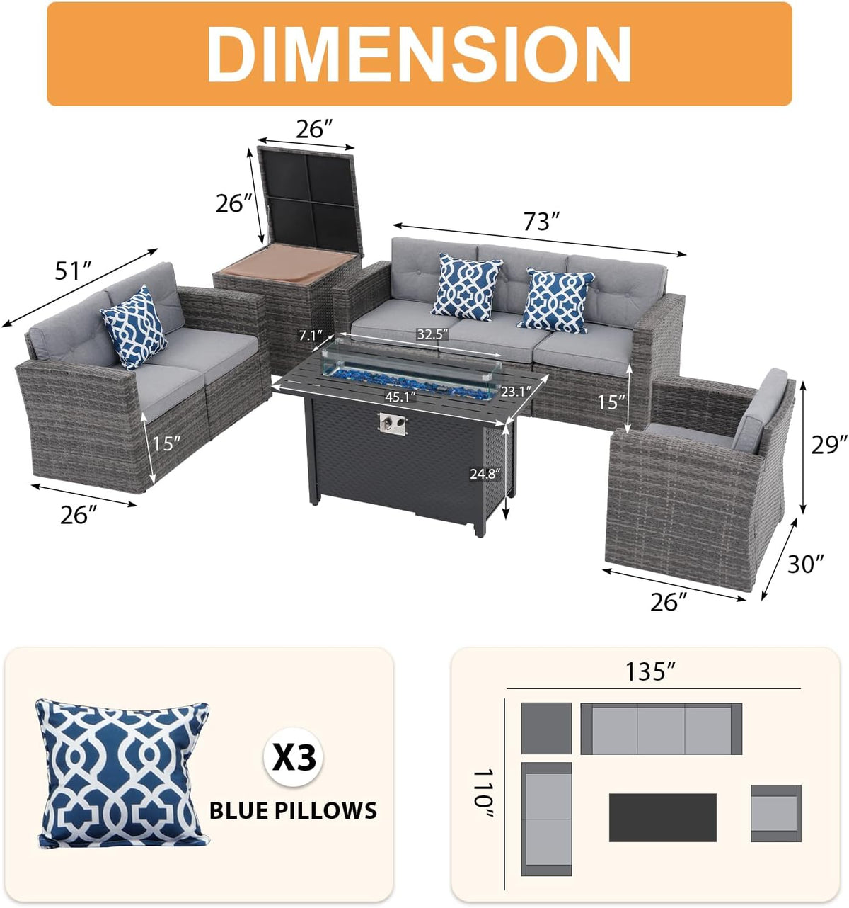 Super Patio 8 Pieces Outdoor Patio Furniture Set with 45' Fire Pit Table, Rattan Patio Conversation Sets with 50000 BTU Gas Fire Pit, Wicker Sectional Sofa Set with Storage Box, Gray (Without Table)