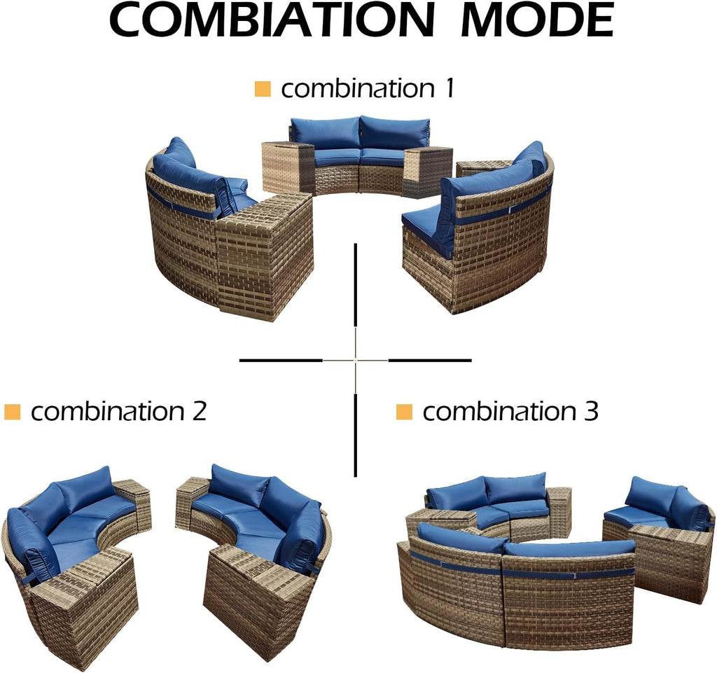 ECOTOUGE Curved Outdoor Sectional Sofa, 3 Piece Half-Moon Rattan Patio Furniture Set, Wicker Conversation Sets with Tempered Glass Round Coffee Table for Pool Backyard Patio Garden(Blue)