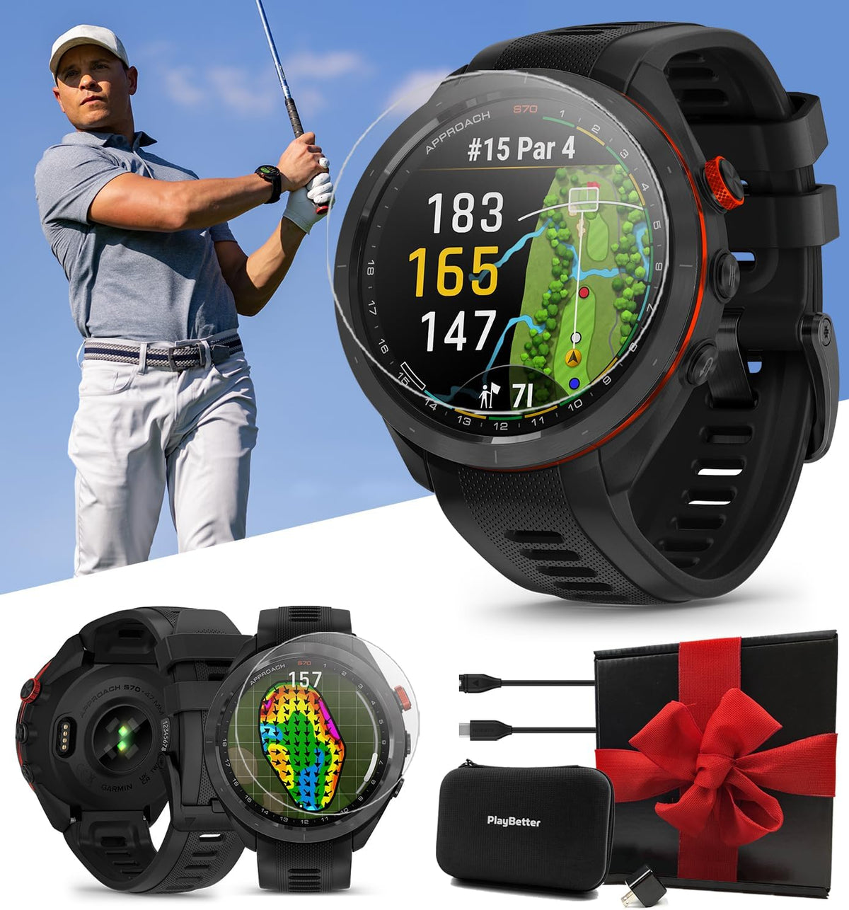 Garmin Approach S70 (Black, 47mm) Golf GPS Watch - AMOLED Display, Virtual Caddie & Playslike Distance - Gift Box Bundle with PlayBetter Screen Protectors, Wall Adapter & Hard Case