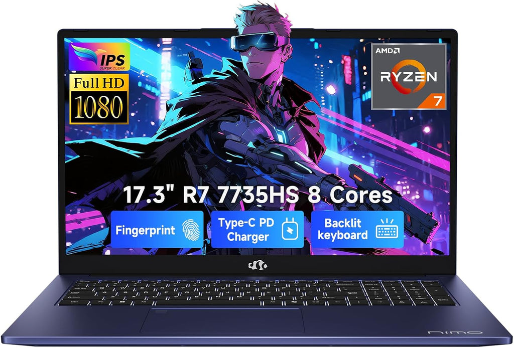 NIMO 17.3' FHD Gaming Laptop – AMD Ryzen 7 7735HS 8-Core/16-Thread, Radeon 680M Graphics, 16GB DDR5, 1TB NVMe SSD, Light Gaming & Esports Ready, Backlit Keyboard, Fingerprint Unlock, 100W PD Type-C