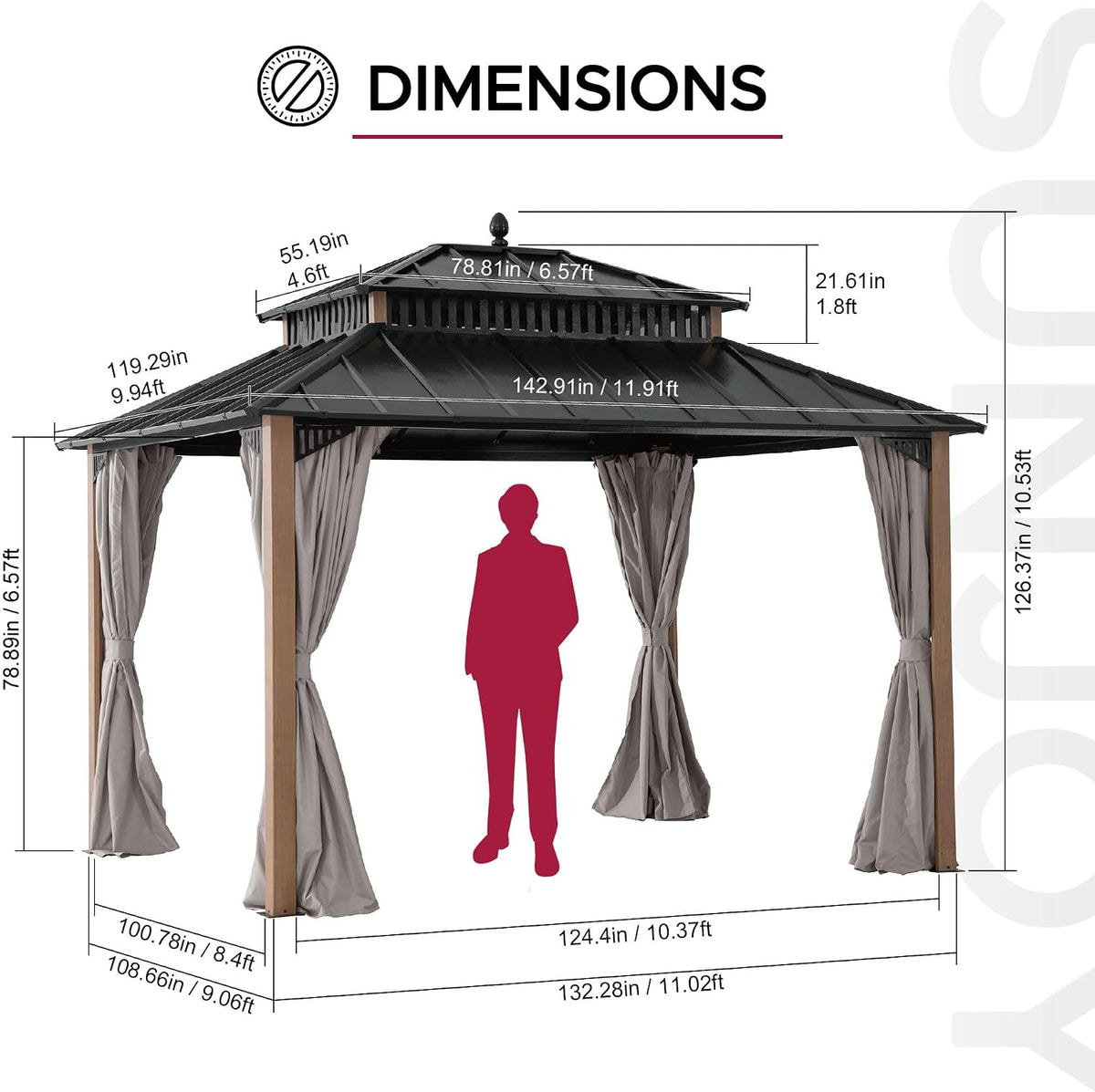 SUNJOY Kingston 12' x 10' Hardtop Gazebo with Galvanized Steel Double Roof, Curtain and Netting, Woodgrain Finish Aluminum Posts Permanent Pavilion Gazebo for Garden, Patio, Deck, Lawn