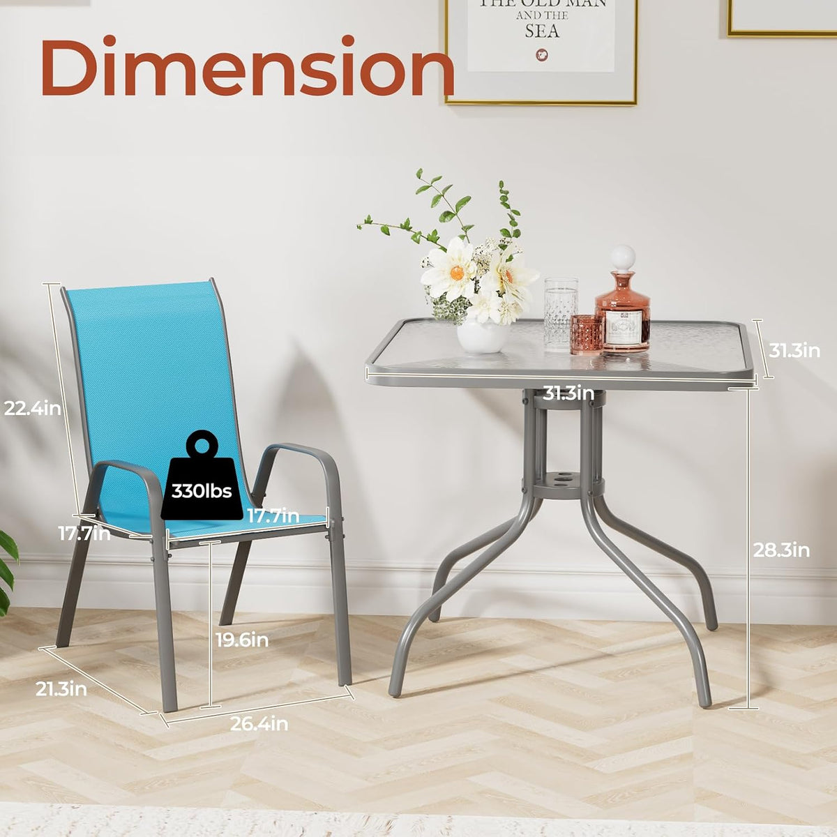 TLSUNNY Patio Dining Set 5 Pieces, All Weather Outdoor Furniture W/30'X 30' Table and 4 Stackable Textilene Chairs, Metal Table and Chairs for Lawn, Garden, Poolside, Backyard (Umbrella not Included)