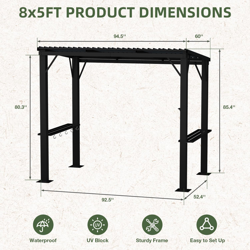 EBE 5'x8' Hardtop Grill Gazebo, Outdoor Gazebo with Side Shelves, BBQ Grill Canopy with Bottle Opener & Hooks, Metal Gazebo Pergola for Patio, Backyard, Deck