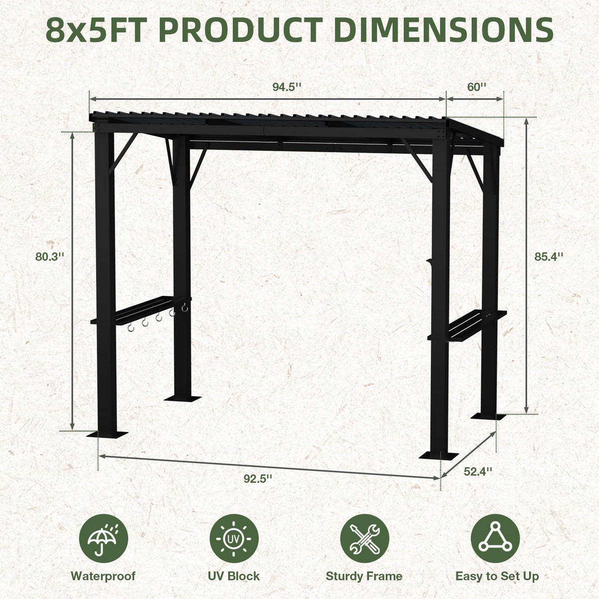 EBE 5'x8' Hardtop Grill Gazebo, Outdoor Gazebo with Side Shelves, BBQ Grill Canopy with Bottle Opener & Hooks, Metal Gazebo Pergola for Patio, Backyard, Deck
