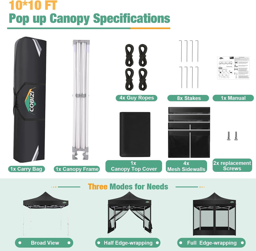 COBIZI Canopy Tent 10x10 Heavy Duty, Pop Up Gazebo with Netting Screened,Waterproof Ez up Canopy with Sidewalls, Outdoor Instant Screen House Tent for Camping,Backyard, Wedding, Birthday,Black