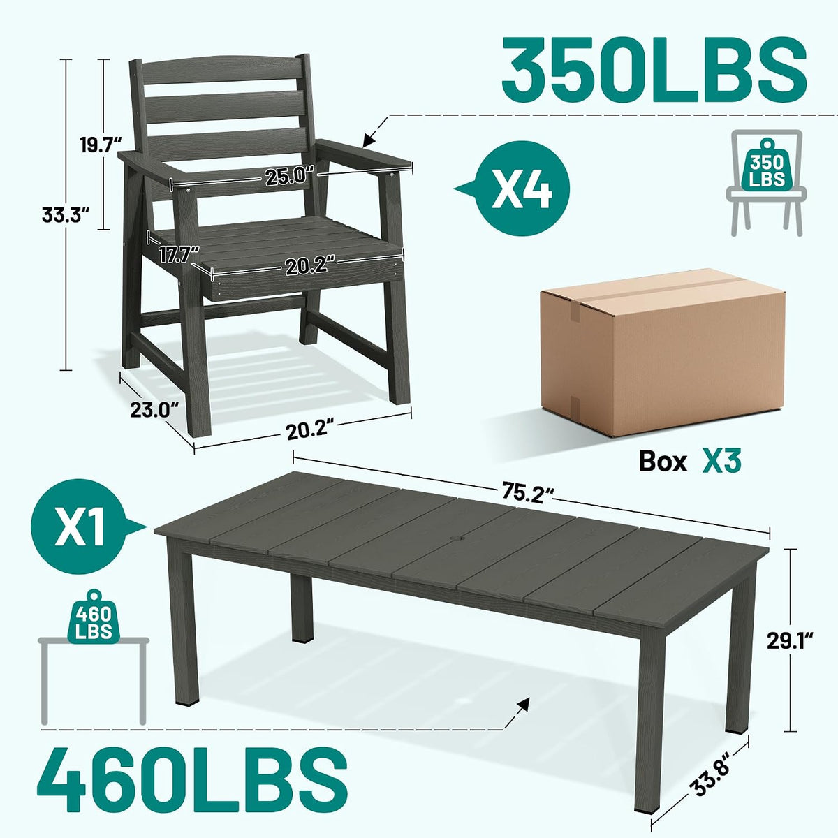 PLUUV Patio Dining Chairs Set of 2, HDPE Armless Patio Chairs with 350 lbs Weight Capacity, All-Weather Outdoor Dining Chairs for Backyard, Garden, Deck, Wood-Like Texture, Grey