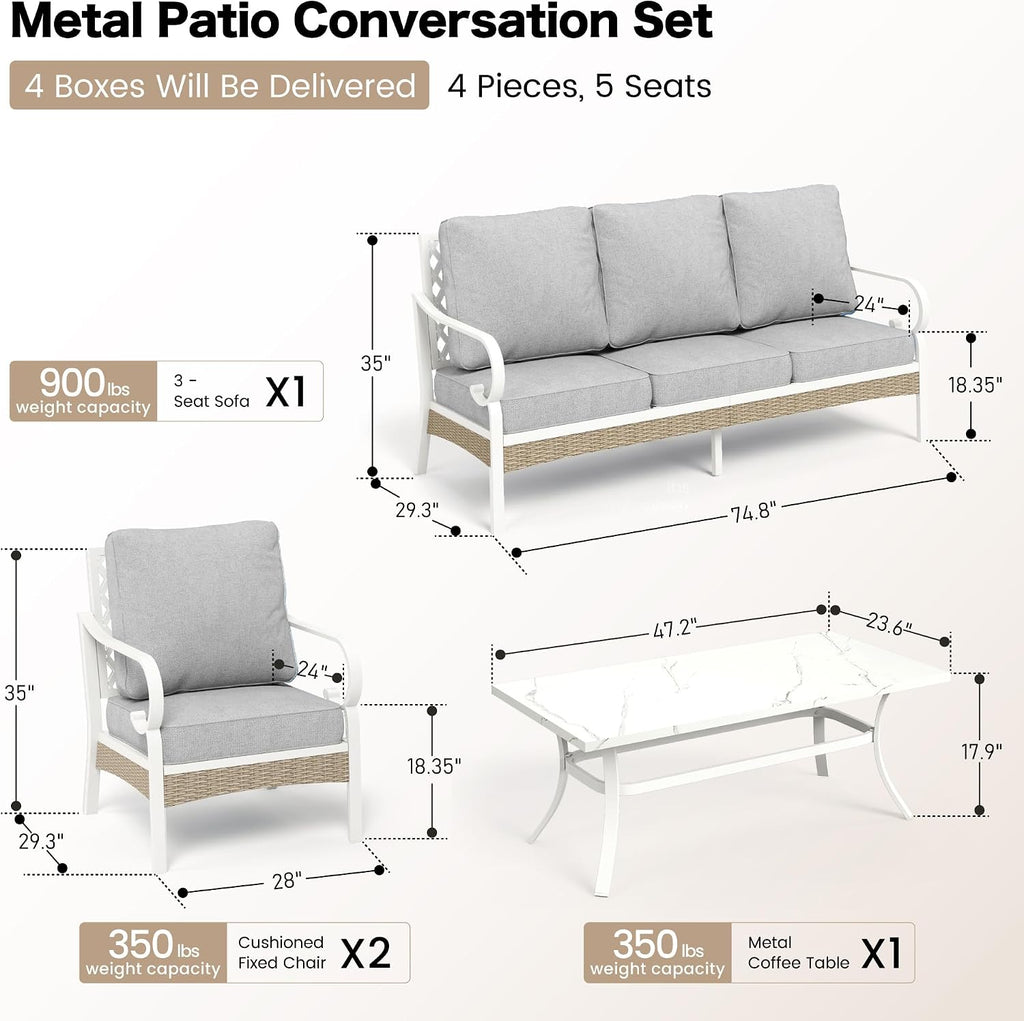 SUNSHINE VALLEY 4 Piece Metal Outdoor Patio Furniture Set, Patio Conversation Sets 1 3-Seater Sofa, 2 Single Sofa with 5.75' Extra Thick Cushion and Coffee Table, White Frame Backyard Furniture, Gray