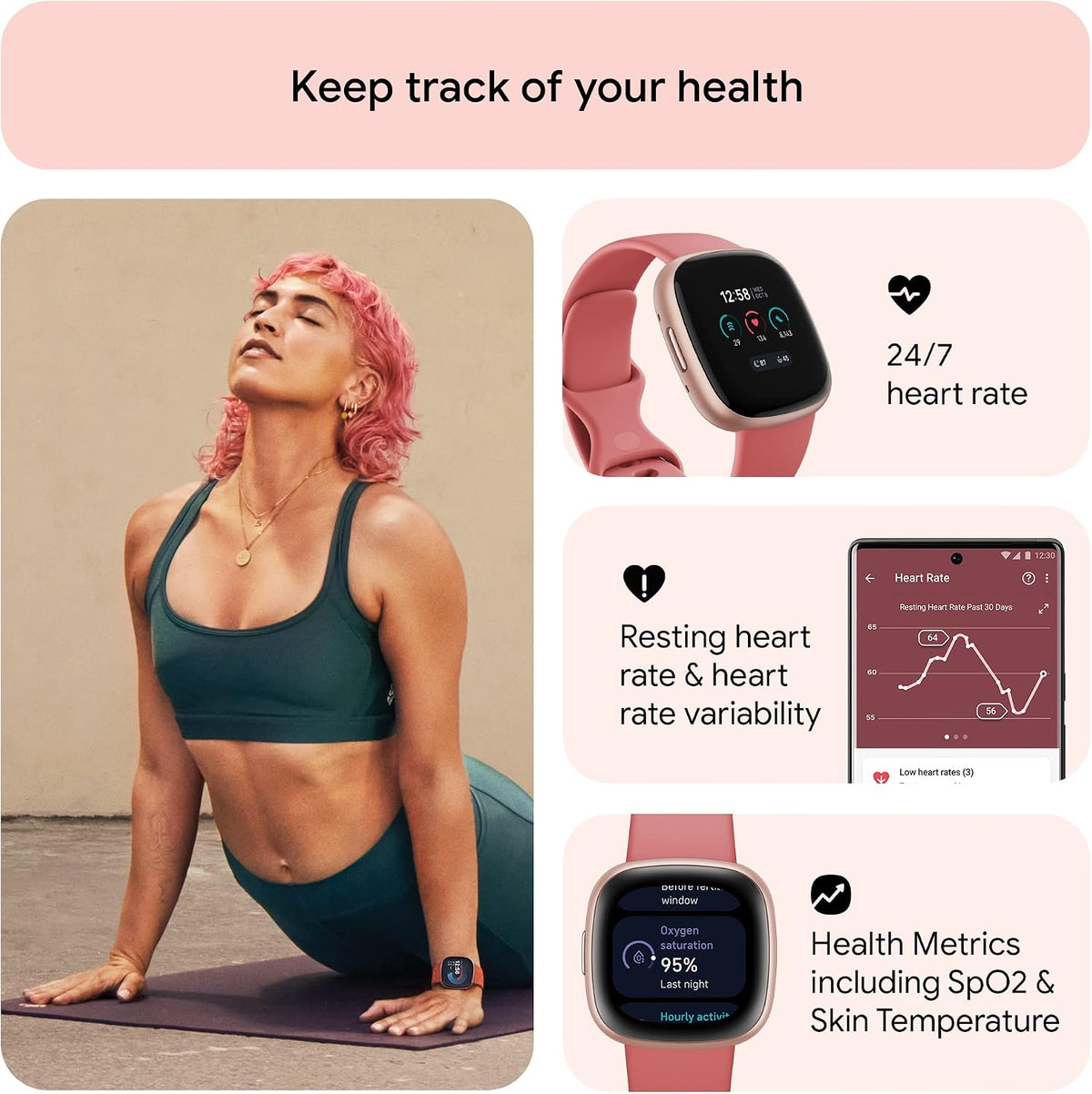 Fitbit Versa 4 Fitness Smartwatch with Daily Readiness, GPS, 24/7 Heart Rate, 40+ Exercise Modes, Sleep Tracking and more, Pink Sand/Copper Rose, One Size (S & L Bands Included)