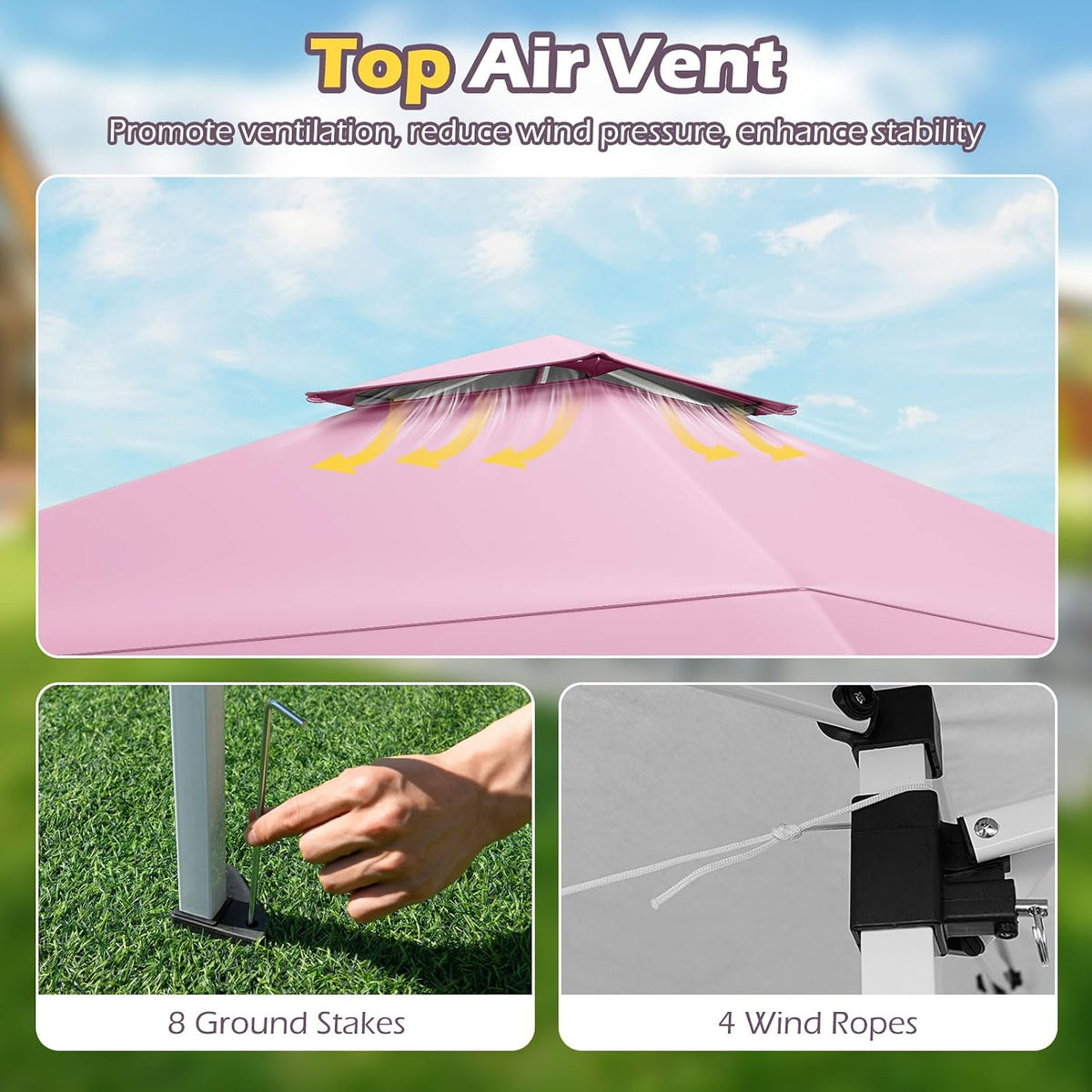 Tangkula 13x13 FT Pop Up Gazebo, UPF50+ Outdoor Sunshade Shelter with Carrying Bag, 8 Stakes, 4 Wind Ropes, Foldable Outdoor Gazebo for Beach Party Event Camping (Pink)